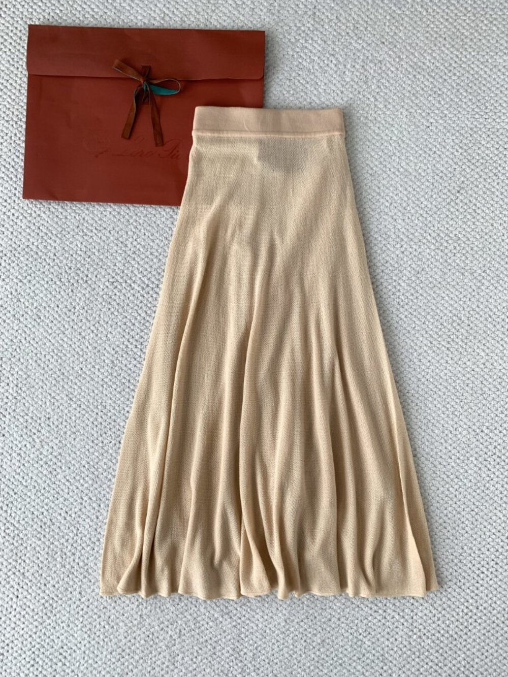 Loro Piana Baby Cashmere Mesh Knit A-Line Midi Skirt Beige